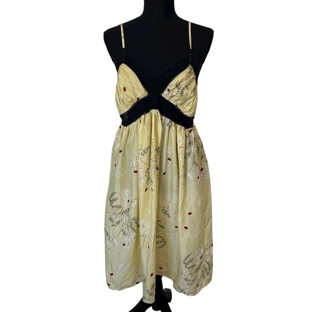 Fleurette Slip Dress Silk Ladybug Insect Lace Dainty Yellow Babydoll Size Small